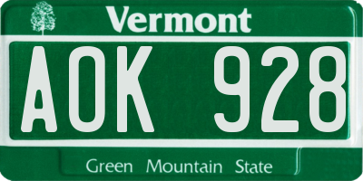 VT license plate AOK928