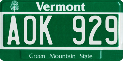 VT license plate AOK929