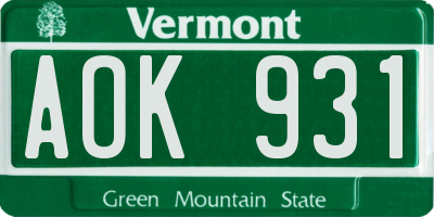 VT license plate AOK931