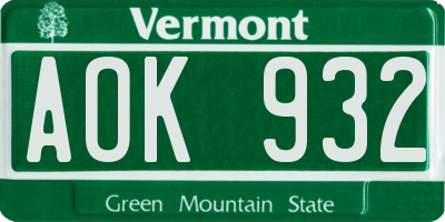 VT license plate AOK932