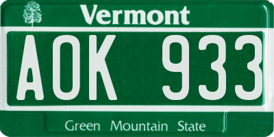VT license plate AOK933