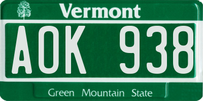 VT license plate AOK938