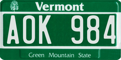 VT license plate AOK984