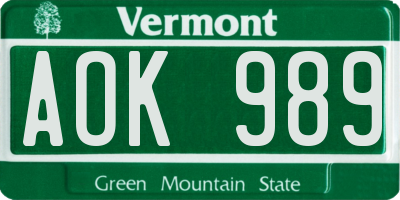 VT license plate AOK989