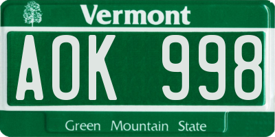 VT license plate AOK998
