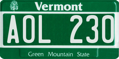 VT license plate AOL230