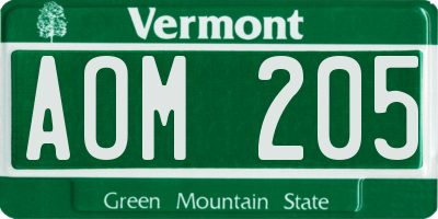 VT license plate AOM205