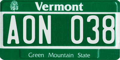 VT license plate AON038