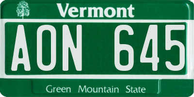 VT license plate AON645