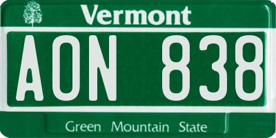 VT license plate AON838