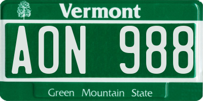 VT license plate AON988
