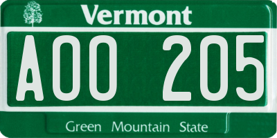 VT license plate AOO205