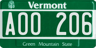 VT license plate AOO206