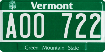 VT license plate AOO722