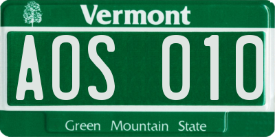 VT license plate AOS010