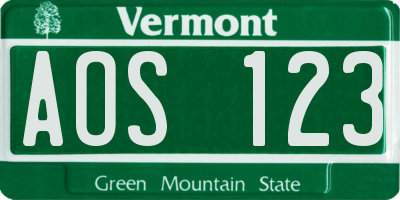 VT license plate AOS123