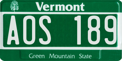 VT license plate AOS189