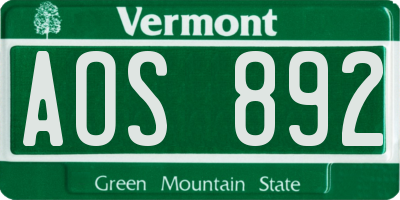 VT license plate AOS892