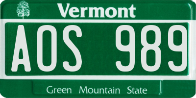 VT license plate AOS989