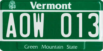 VT license plate AOW013