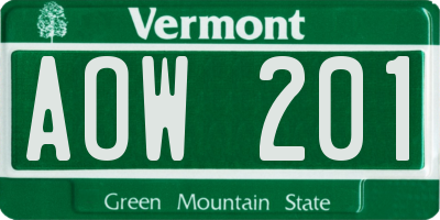 VT license plate AOW201