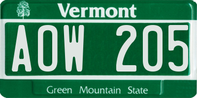 VT license plate AOW205