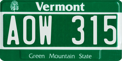 VT license plate AOW315