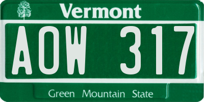 VT license plate AOW317