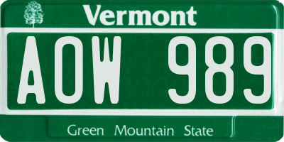 VT license plate AOW989