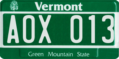VT license plate AOX013