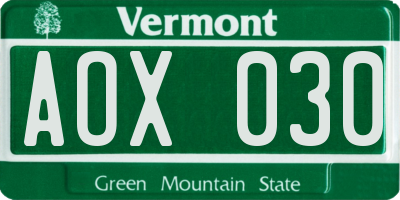 VT license plate AOX030