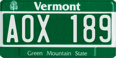 VT license plate AOX189