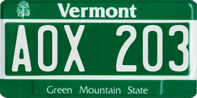 VT license plate AOX203