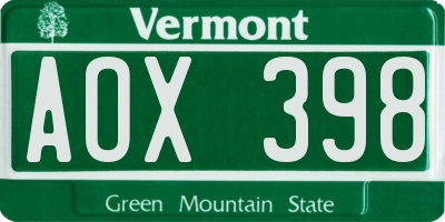 VT license plate AOX398