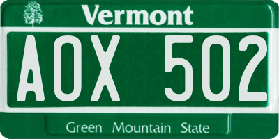 VT license plate AOX502