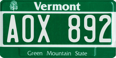VT license plate AOX892