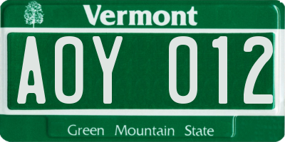 VT license plate AOY012