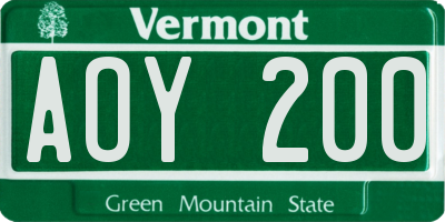 VT license plate AOY200