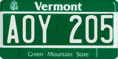 VT license plate AOY205
