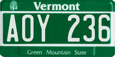 VT license plate AOY236