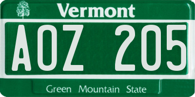 VT license plate AOZ205