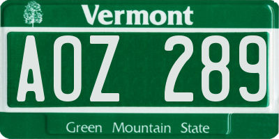 VT license plate AOZ289