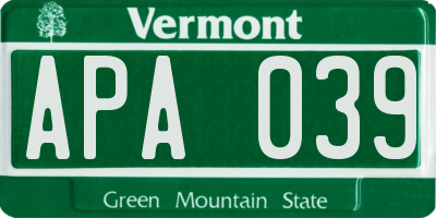 VT license plate APA039