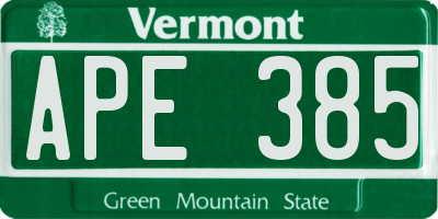 VT license plate APE385