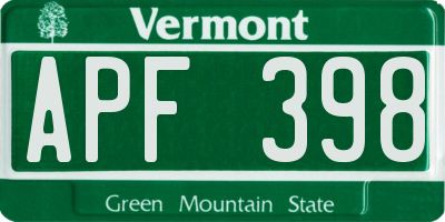 VT license plate APF398