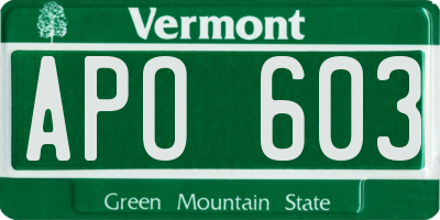 VT license plate APO603