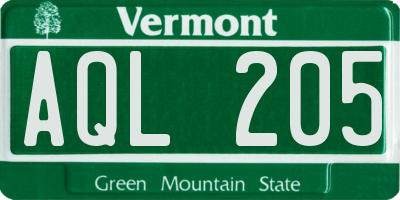 VT license plate AQL205