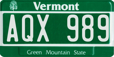 VT license plate AQX989