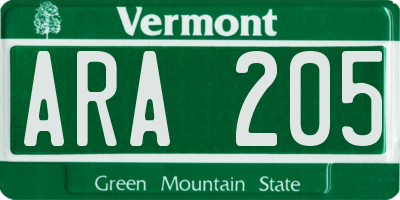 VT license plate ARA205