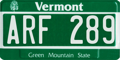 VT license plate ARF289